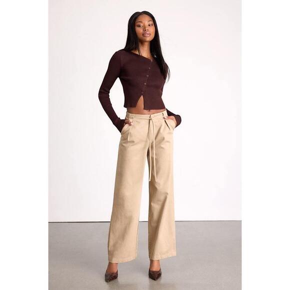 Lulus Pants - Lulus Ruthie Beige Tie-front Mid-rise Trouser Pants - Size XL